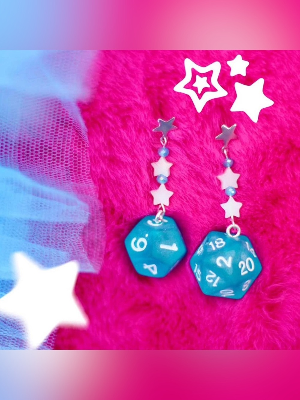 Kawaii Dice Drop Earrings Teal & Silver Star Dangles DND dungeons and dragons